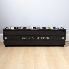 Personalised Black Wooden Triple Dog Bowl Feeder With Silver Lettering