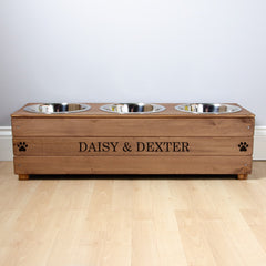 Personalised Rustic Wooden Triple Dog Bowl Feeder