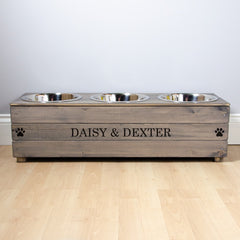 Personalised Grey Wooden Triple Dog Bowl Feeder