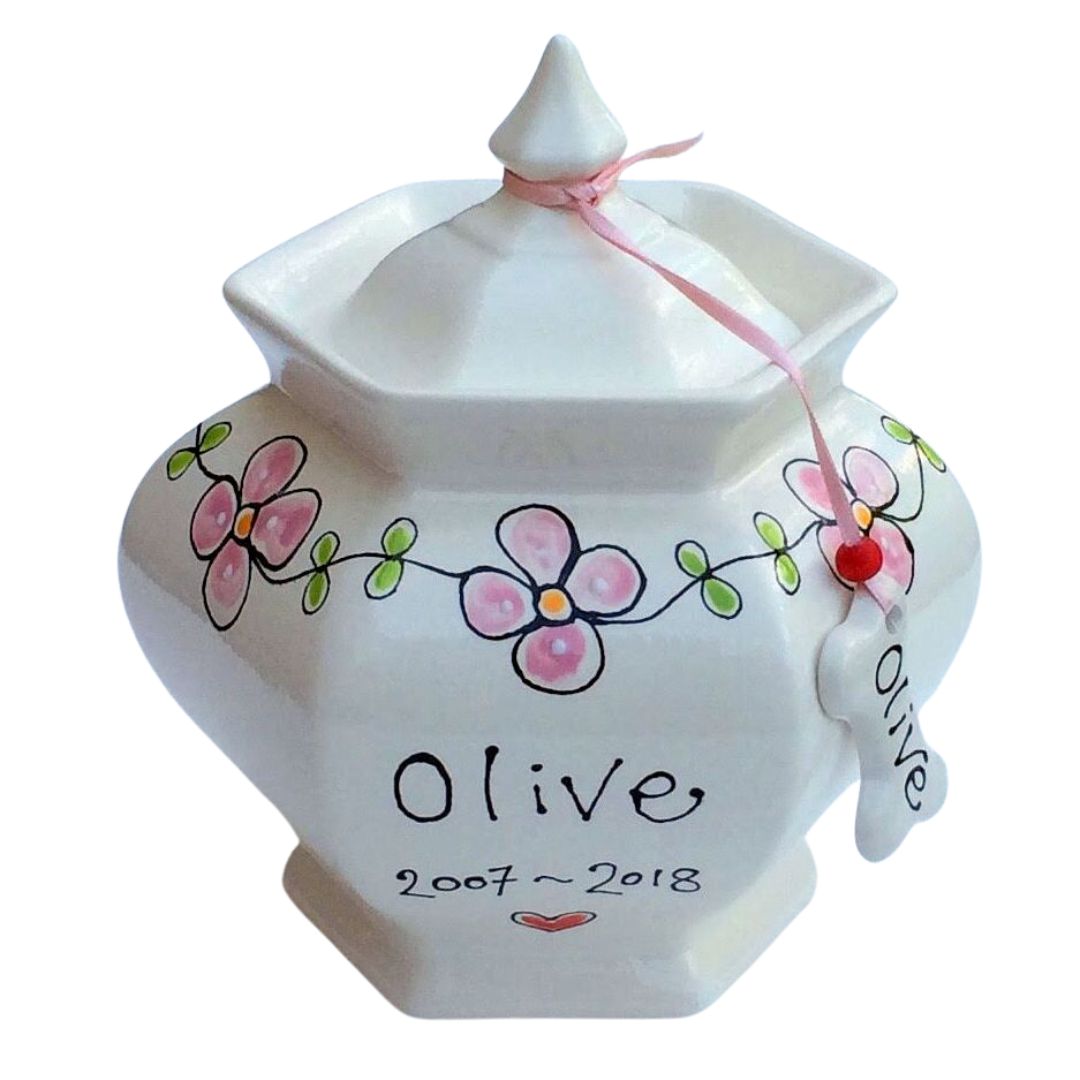 Hexagonal Personalised Dog Urn Pink Forget Me Nots
