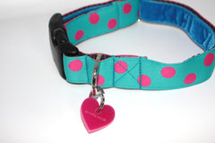 Tropical Turquoise and Pink Polka Dot Designer Dog Collar And Lead Set