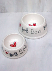 Personalised Hearts and Bones Ceramic Dog Bowl