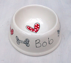 Personalised Hearts and Bones Ceramic Dog Bowl Small