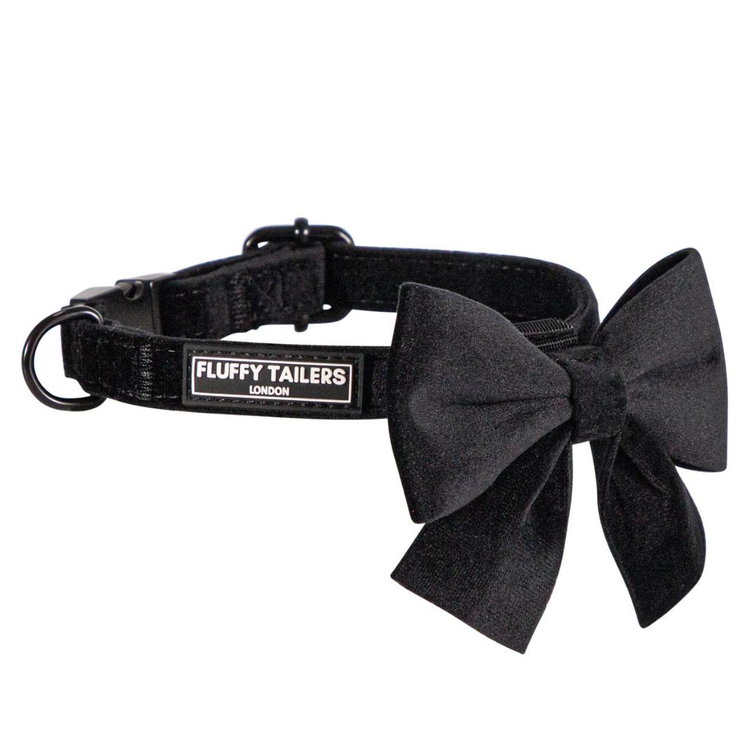 Luxury Black Velvet Dog Collar And Bow Tie Set