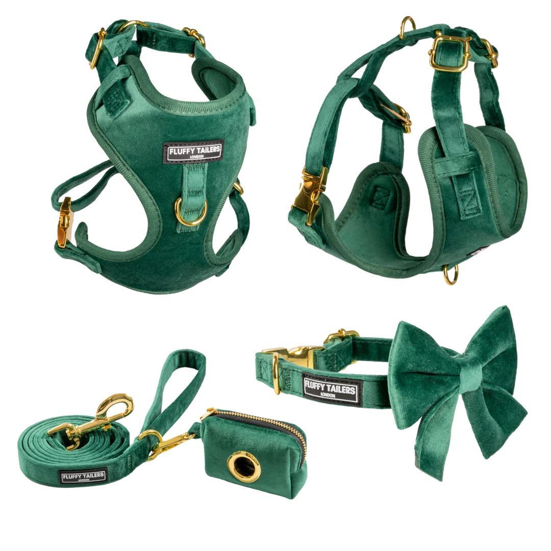 Luxury Emerald Green Velvet Harness, Dog Collar And Bow Tie, Lead and Poo Bag Holder Complete Set