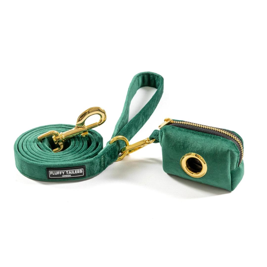 Luxury Emerald Green Velvet Dog Lead and Matching Poo Bag Holder