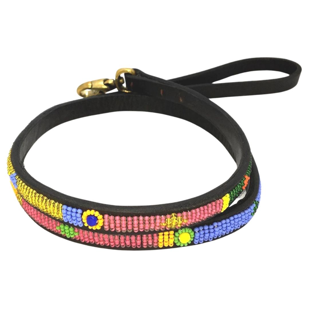 Luxury Leather Masai Beaded Dog Leads In Pastel