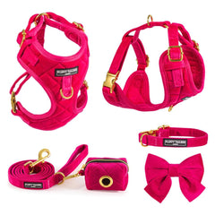 Luxury Pink Velvet Harness, Dog Collar And Bow Tie, Lead and Poo Bag Holder Complete Set