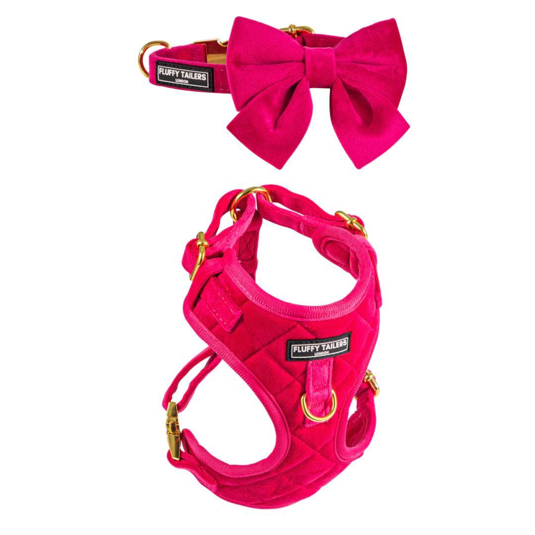 Luxury Pink Velvet Harness, Dog Collar And Bow Tie Set