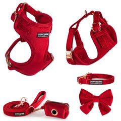 Luxury Red Velvet Harness, Dog Collar And Bow Tie, Lead and Poo Bag Holder Complete Set