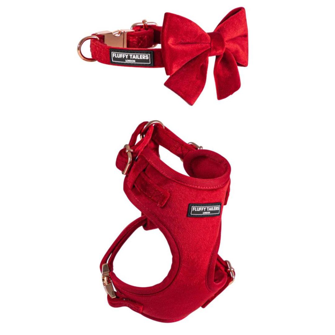 Luxury Red Velvet Harness, Dog Collar And Bow Tie Set