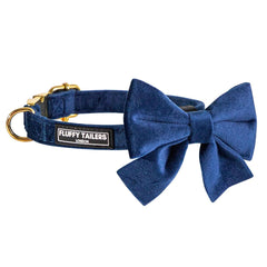 Luxury Royal Blue Velvet Dog Collar And Bow Tie Set