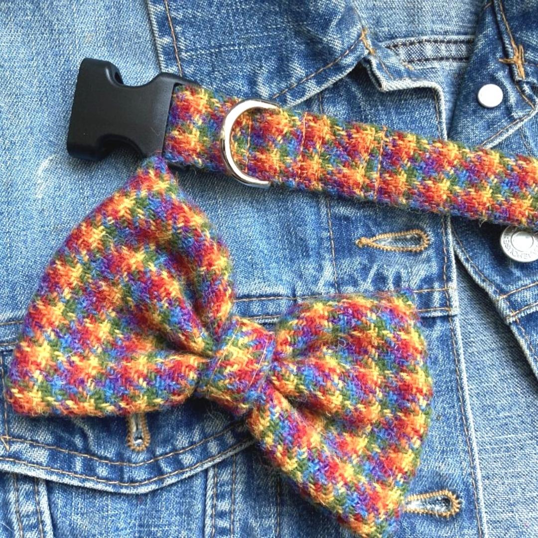 McJoy Rainbow Harris Tweed Dog Collar With Detachable Bow Tie | Scrufts