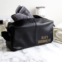 Personalised Luxury Black Leather Wash Bag
