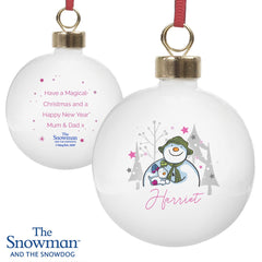Personalised The Snowman and the Snowdog Pink Bauble | Christmas Gifts For Dog Lovers