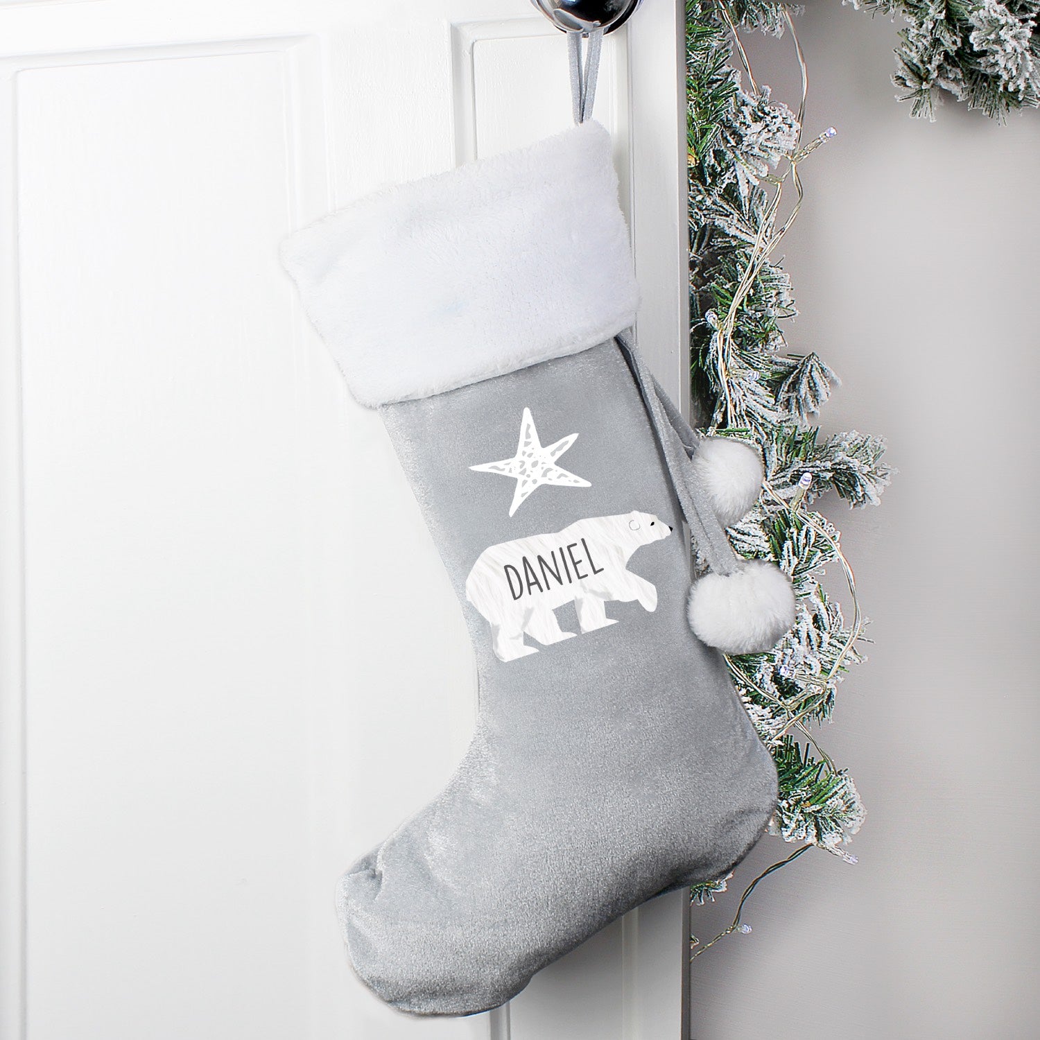 Personalised Polar Bear Luxury Silver Grey Christmas Stocking For Dogs