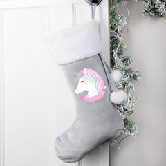 Personalised Christmas Unicorn Luxury Silver Grey Stocking For Dogs