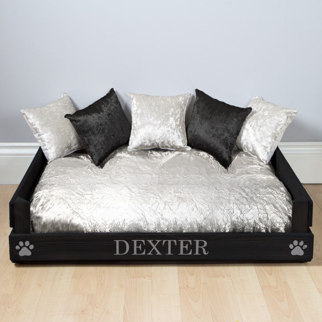 Personalised Black Wooden Dog Bed With Silver and Black Velvet Cushions