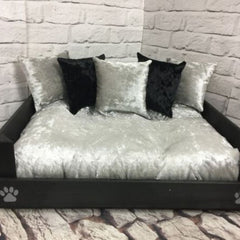 Personalised Black Wooden Dog Bed With Silver and Black Velvet Cushions
