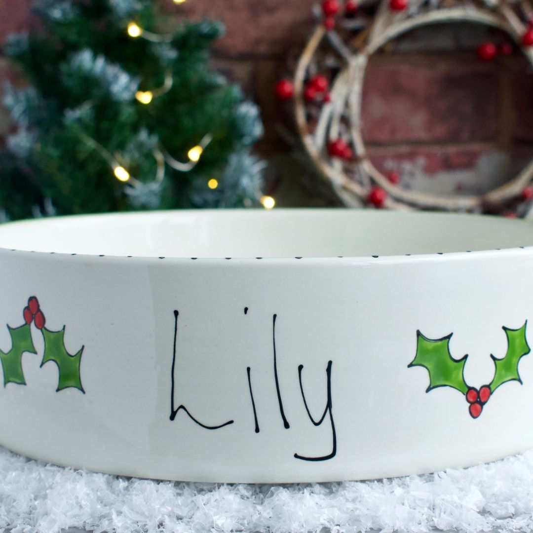 Personalised Ceramic Christmas Holly Dog Bowls