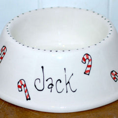 Personalised Ceramic Slanted Christmas Candy Canes Dog Bowls