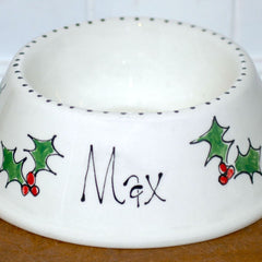 Personalised Ceramic Slanted Christmas Holly Dog Bowls