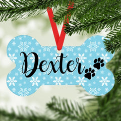 Personalised Christmas Dog Bone Decoration - Blue Snowflakes