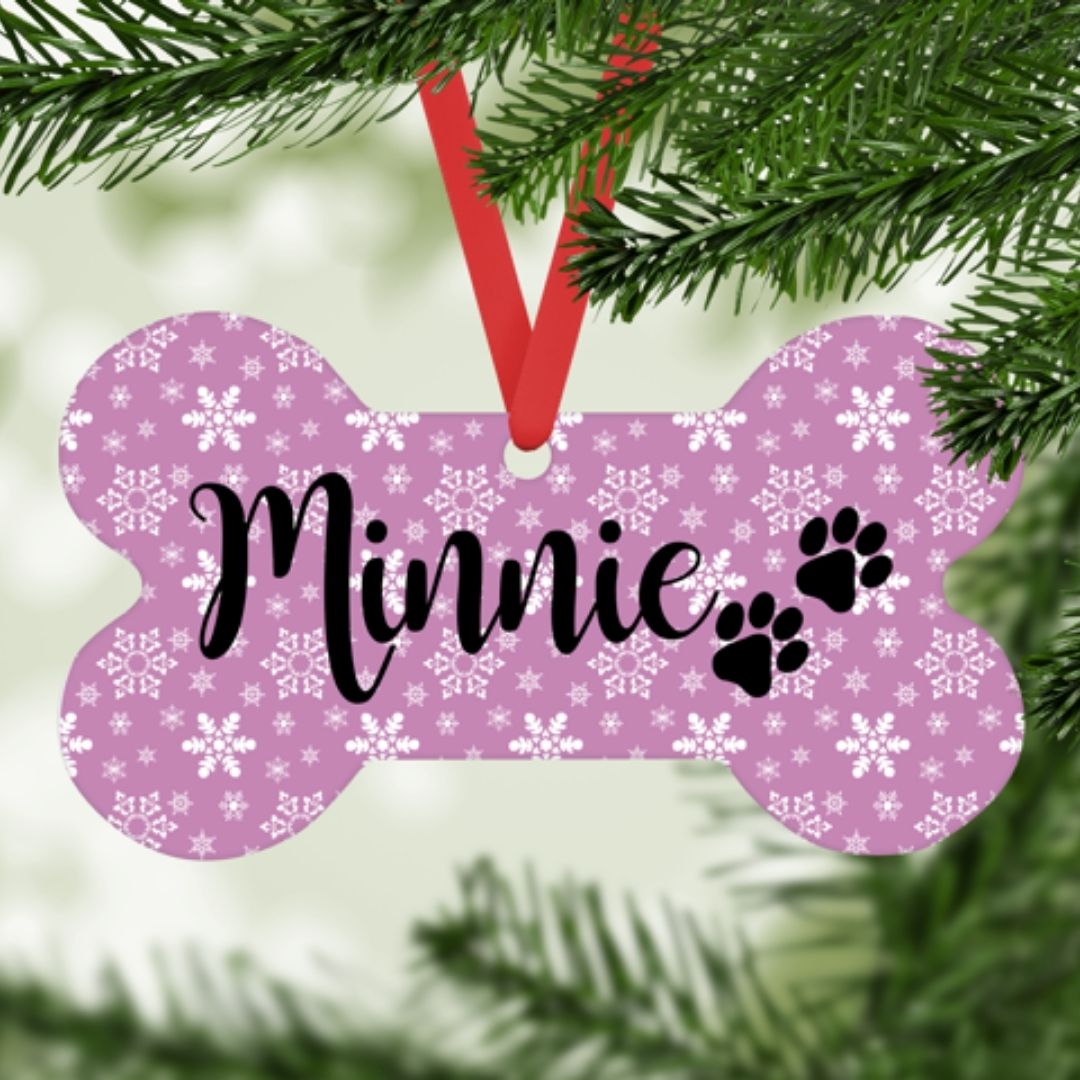 Personalised Christmas Dog Bone Decoration - Purple Snowflakes