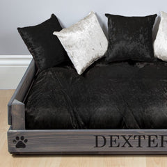 Personalised Grey Wooden Dog Bed With Black and Silver Velvet Cushions