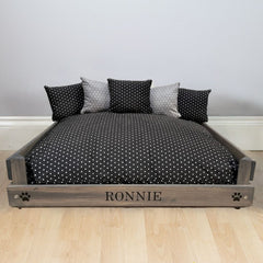 Personalised Grey Wooden Dog Bed With Black & Grey Spot Cushions