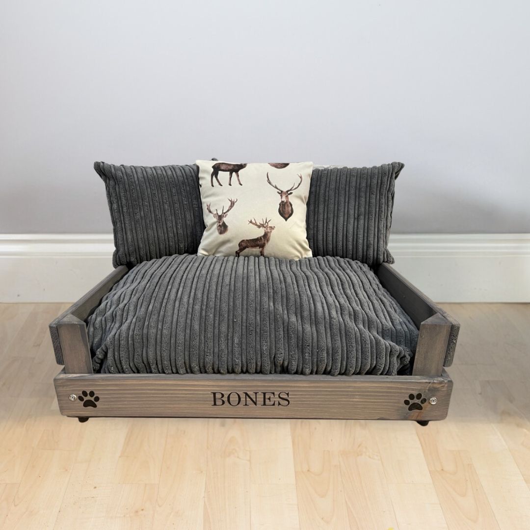 Personalised Grey Wooden Dog Bed With Grey Cord Cushions 2