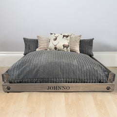 Personalised Grey Wooden Dog Bed With Grey Cord Cushions