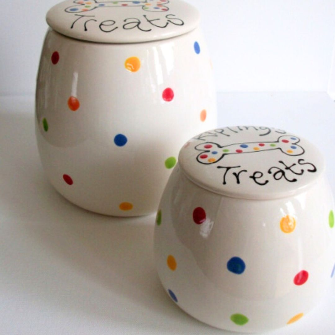 Personalised Multi Polka Dot Ceramic Dog Treat Jar