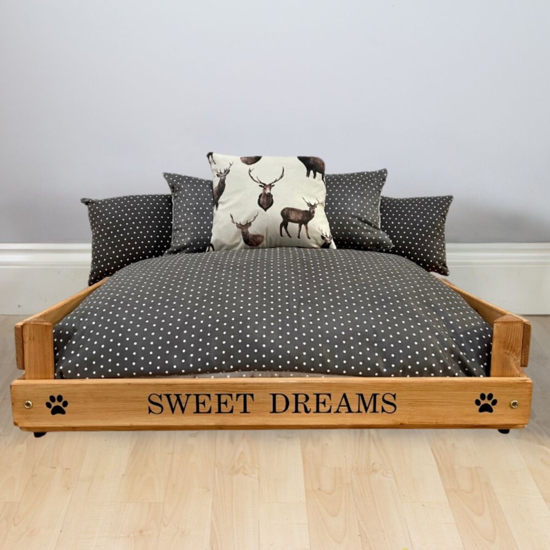 Personalised Oak Wooden Dog Bed With Black & Grey Spot Cushions