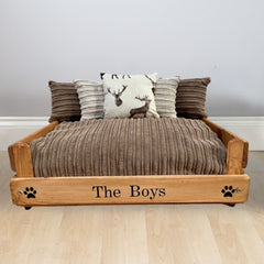 Personalised Oak Wooden Dog Bed With Brown Cord Cushions