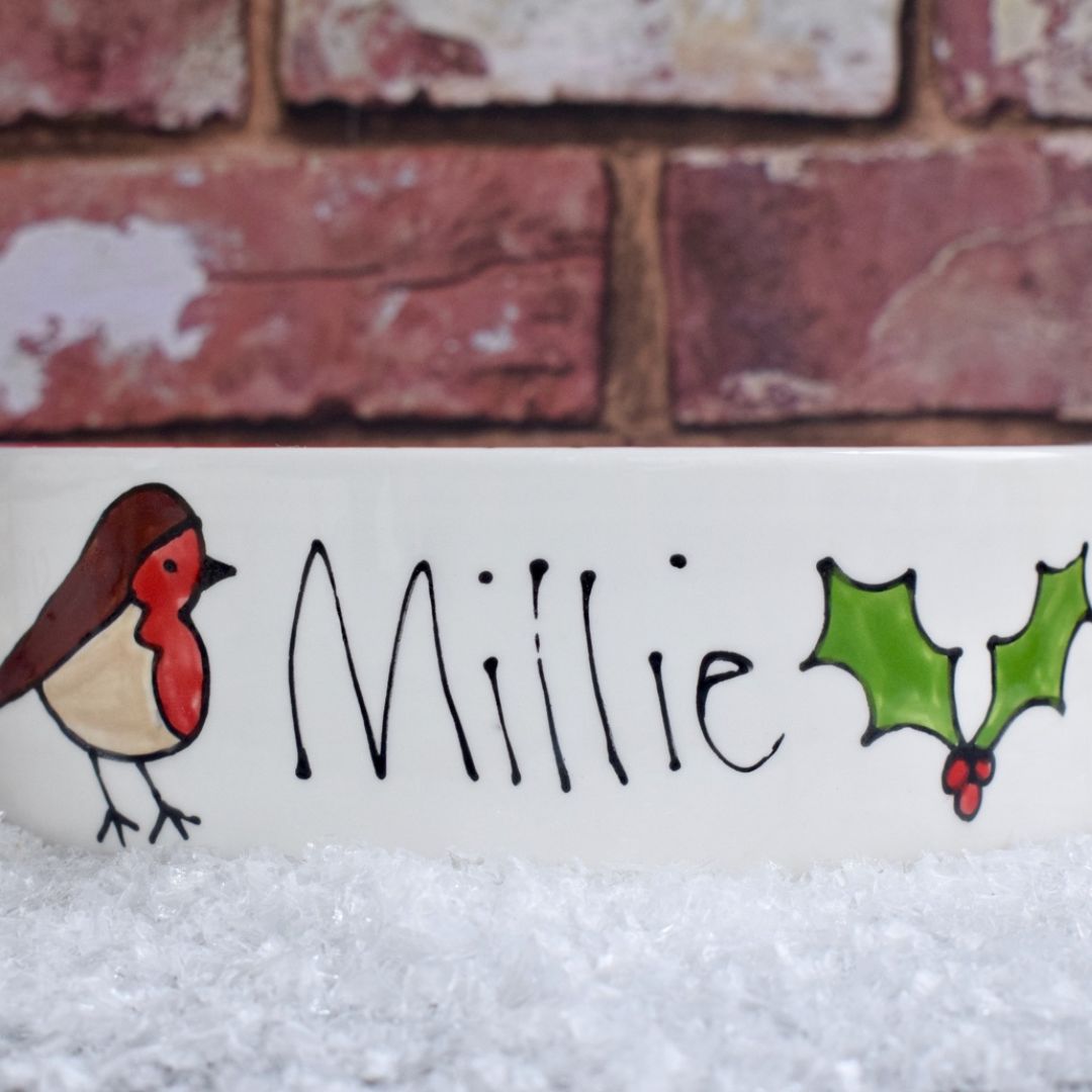 Personalised Robin and Holly Christmas Dog Bowls
