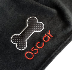 Personalised Black Dog Blanket with Appliqué Polka Dot Bone 