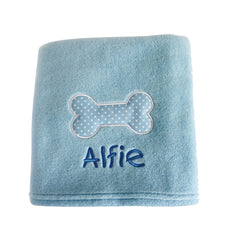 Personalised Blue Dog Blanket with Appliqué Polka Dot Bone 