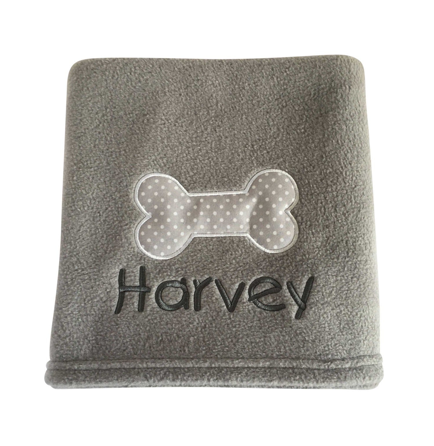 Personalised Grey Dog Blanket with Appliqué Polka Dot Bone