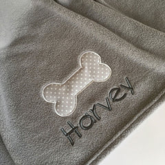 Personalised Grey Dog Blanket with Appliqué Polka Dot Bone