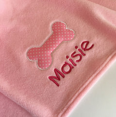 Personalised Pink Dog Blanket with Appliqué Polka Dot Bone
