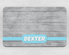 Personalised Grey Wood Effect With Banner Neoprene Pet Bowl Placemat