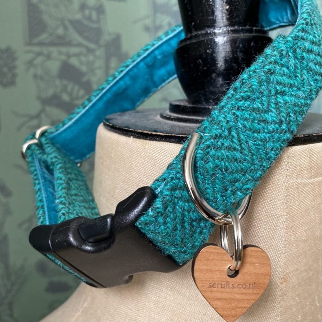 Saile Emerald Green Harris Tweed Dog Collar with Velvet Lining | Scrufts Handmade Dog Collars UK