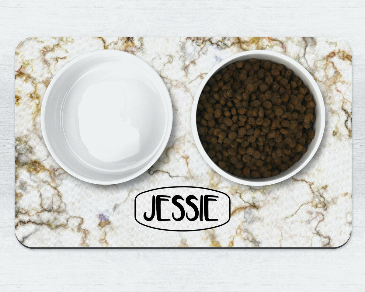 Personalised Gold and Silver Marble Effect Neoprene Pet Bowl Placemat