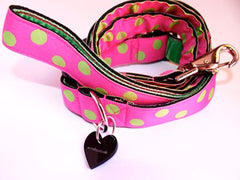 Sorbet Designer Dog Collar and Lead Set by Scrufts Pink with Green Spots