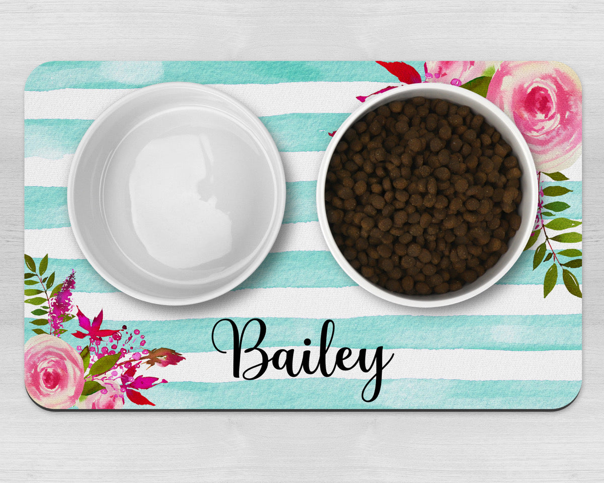 Personalised Watercolour Stripe With Flowers Neoprene Pet Bowl Placemat