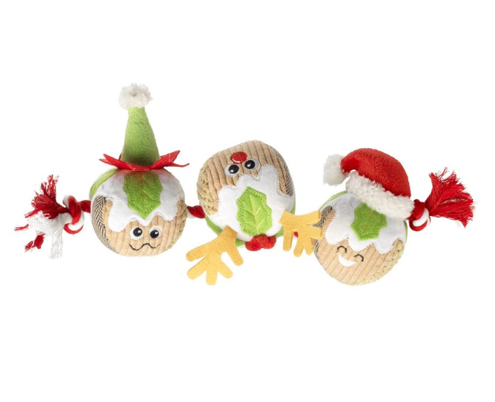 Festive 3 Christmas Puddings On A Rope Christmas Dog Toy